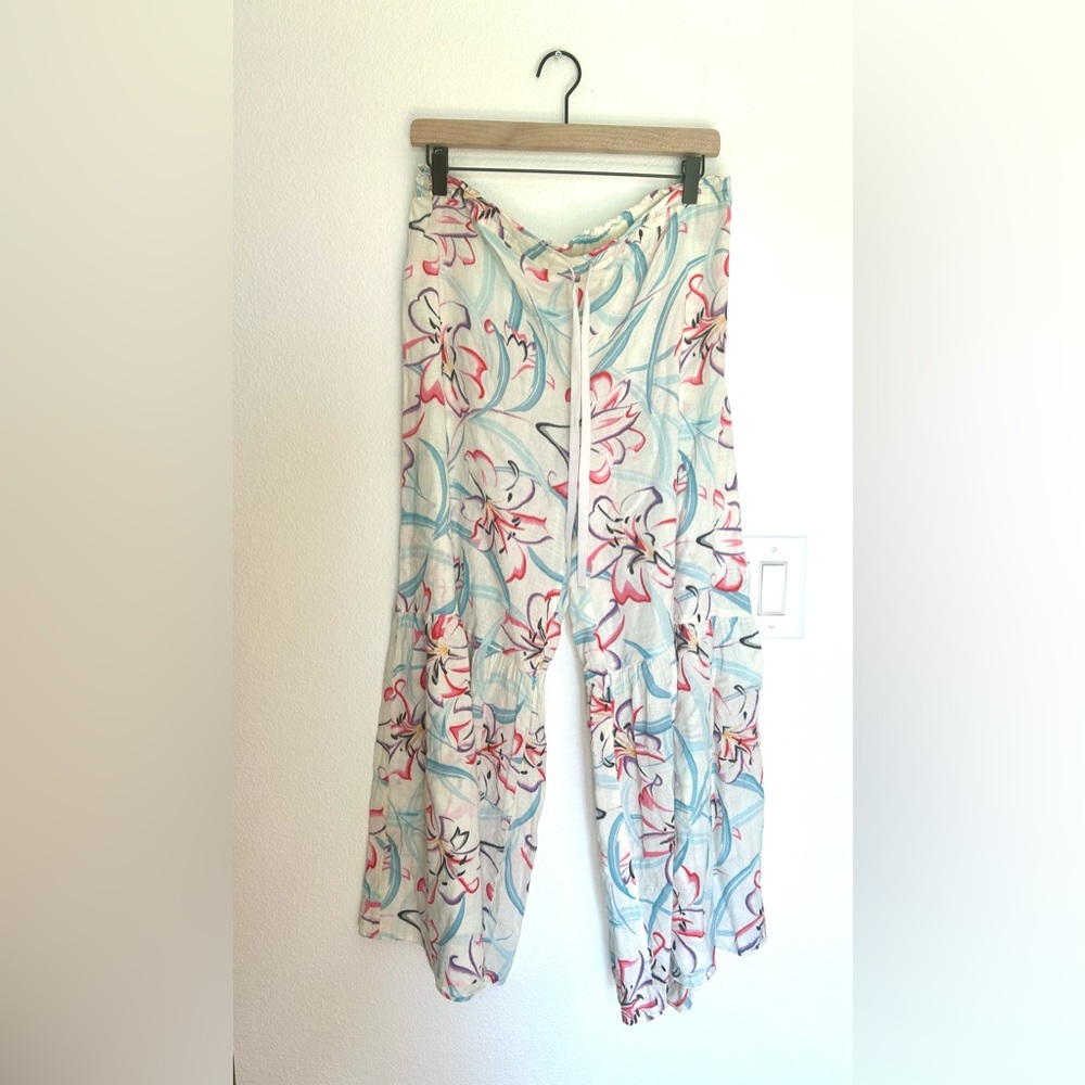 Anthropologie Ruffled Wide-Leg Pull-On Tropical Orchid 100% Cotton Flowy Pants - Picture 2 of 8
